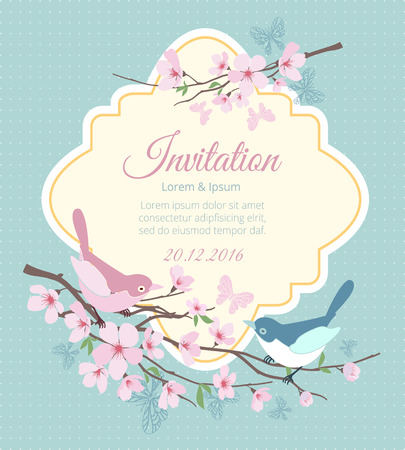 Wedding invitation with birds and flowering branchesのイラスト素材