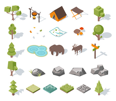Isometric 3d forest camping elements for landscape designのイラスト素材