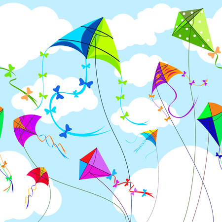 Kites and sky with clouds horizontal seamless backgroundのイラスト素材