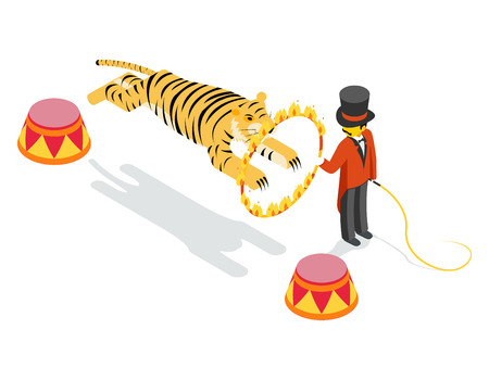Tiger jumping through ring. Flat isometric 3d vector illustrationのイラスト素材