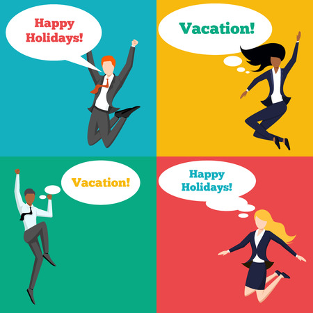 Set of people jumping in the air with happy emotion and speech bubblesのイラスト素材