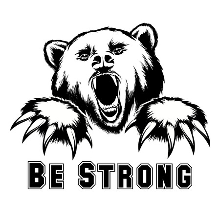 Vector angry bear head. Angry grizzly, powerful predator, strength and wildlife, claw and mammalのイラスト素材