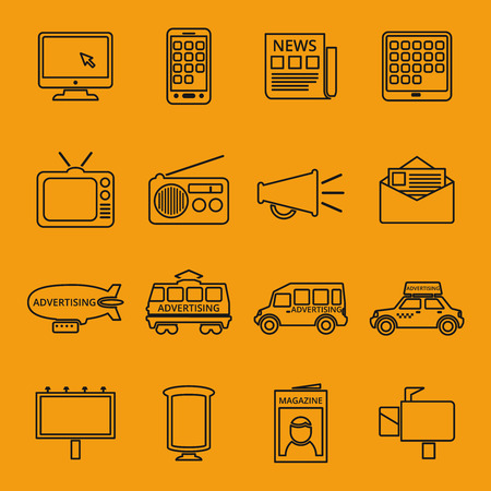 Advertisement and marketing line icons set. Email and television, radio and internet, content multimedia. Vector illustrationのイラスト素材