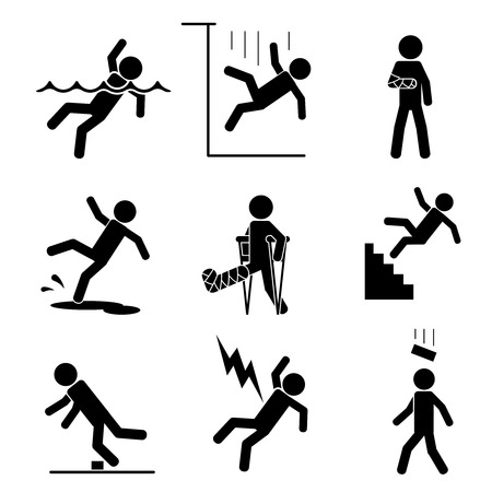 Safety and accident icons set. Trauma and brick on head, crutch and cling, slip and puddle, gypsum and fracture. Vector illustrationのイラスト素材