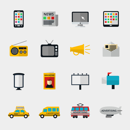 Flat media icons set. Marketing web, email television and radio internet, media content, newspaper and magazine. Vector illustration