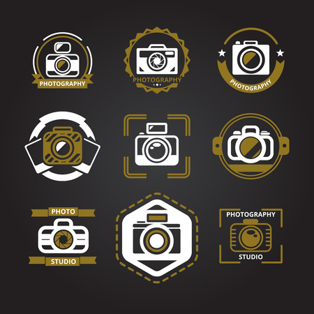 Vector logos or icons for photographers set. Camera and photo, photography technology, foto studio emblem, vector illustrationのイラスト素材