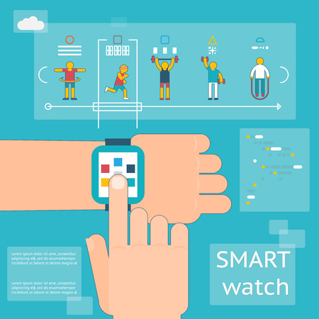 Smart watch fitness tracker. Gadget app, skipping rope, barbells and dumbbells, activity running, vector illustrationのイラスト素材