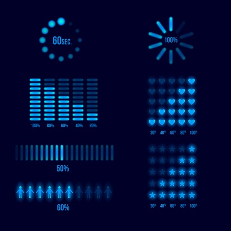 Progress loading indicators set. Load and download, upload element, vector illustration