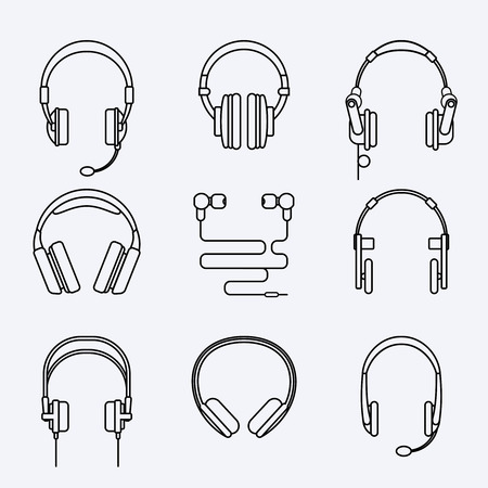 Vector line headphones icon set. Microphone and audio, speaker and sound, music and technologyのイラスト素材