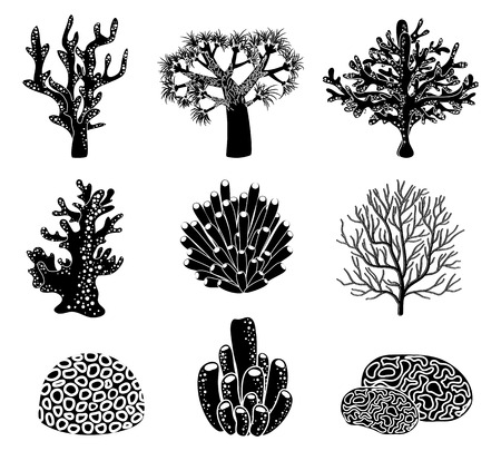 Vector set of black coral silhouettes. Underwater life, reef and wildlife, element natural illustrationのイラスト素材