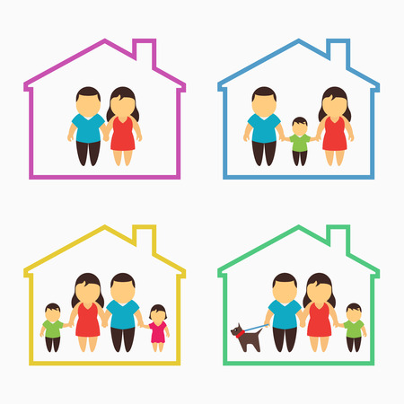 Family home icons set. House insurance, protection and security, son and mother, mom and dad, vector illustrationのイラスト素材