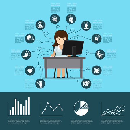 Office syndrome infographics. Computer and health, pain in back, headache and stress. Vector illustration Office syndrome infographics. Computer and health, pain in back, headache and stress. Vector illustration