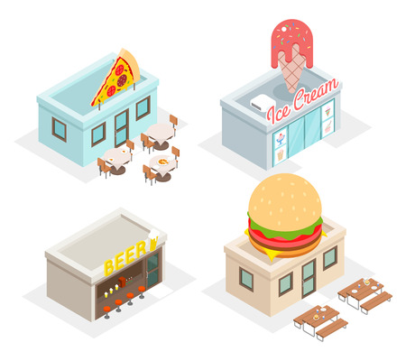 Restaurant, cafes and fast food shop icons. Beer and fastfood, pizzeria and ice cream, vector illustrationのイラスト素材