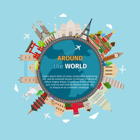 Travel around the world postcard. Tourism and vacation, earth world, journey global, vector illustrationのイラスト素材