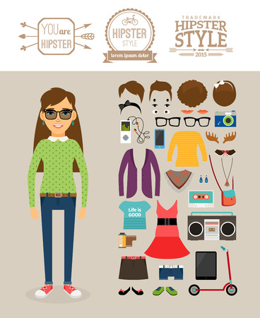 Hipster girl elements. Hipster clothes, hairstyles . Skirt and dress, scooter and player, film and tablet. のイラスト素材