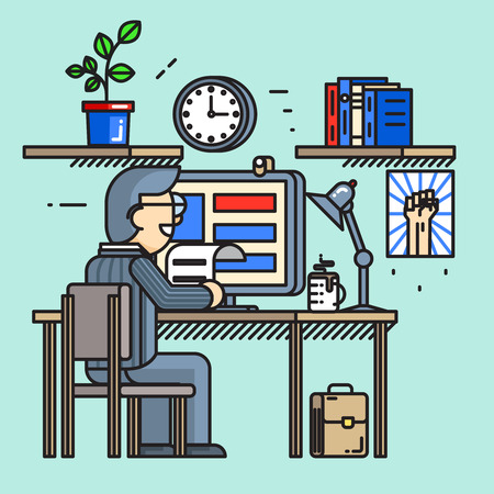 Modern creative office desk worker in line flat style. のイラスト素材
