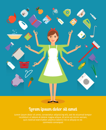 Creative design concepts of housewife activity. Mother and girl, apron and cooking, female and wife, food, domestic housework. Vector illustrationのイラスト素材