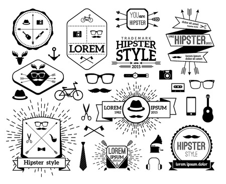 Monochrome hipster modern line logo set. Hat and horn, gramophone and tie, guitar and watch, mustache and bicycle. Vector illustrationのイラスト素材