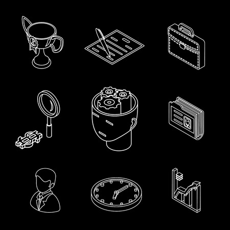 Line isometric business icons. Head and gears, cup and chart. Infographic and diagram, magnifying glass and clock, pen and case, time and money. Vector illustrationのイラスト素材