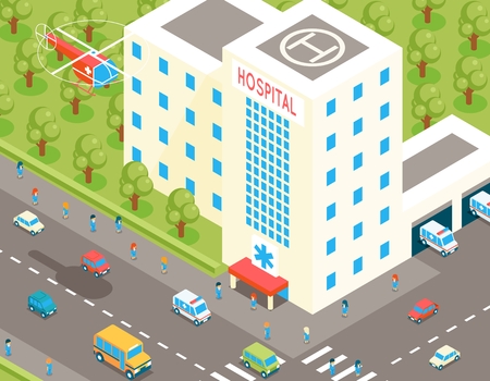Isometric hospital and ambulance building with parking and 3d cars. Vector illustration in flat style. Health and medicine, architecture medical, helicopter transportation to clinicのイラスト素材
