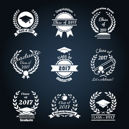 Graduation class badges. Certificate symbol, education college, university ceremony, label for diploma. Vector illustrationのイラスト素材