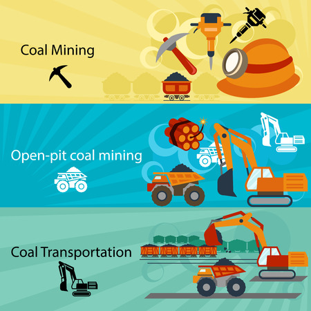 Coal industry banners set. Power and open pit, technology production, jackhammer pick and dynamite. Vector illustrationのイラスト素材