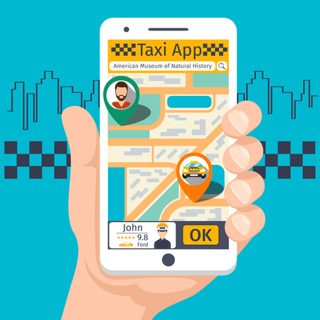 Taxi mobile app template set. Smartphone and touchscreen, map and pointer, gps navigation. Vector illustrationのイラスト素材