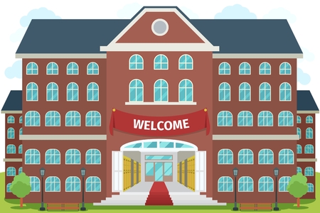 Welcome to high school. University study, architecture construction building, exterior and front, vector illustrationのイラスト素材