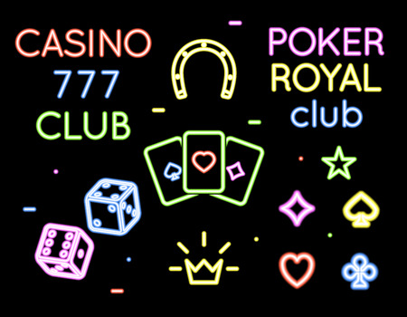 Set of vector neon light logos of poker club and casino. Gambling and card, game and play illustrationのイラスト素材