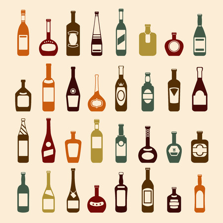 Beer bottles and wine bottles icon set. Brandy beverage vodka, champagne and whiskey, liquid martini, vector illustrationのイラスト素材