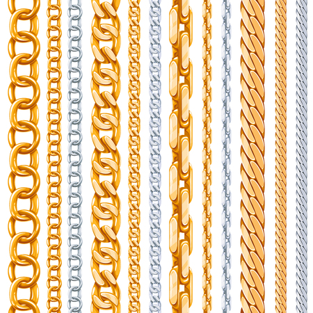 Gold and silver chains vector set. Link metallic, shiny element, object iron strong illustrationのイラスト素材