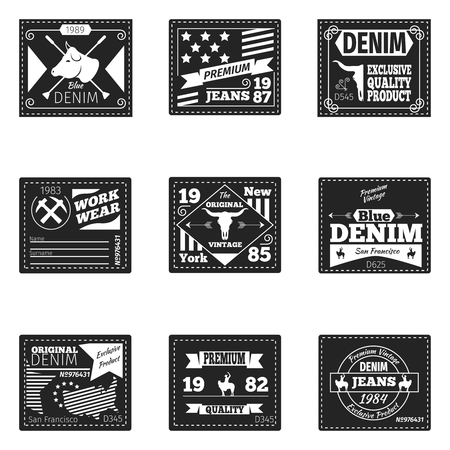 Vector denim emblems or logos set. Design stamp, badge print retro sticker illustrationのイラスト素材