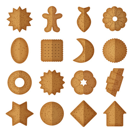 Vector cookies of different shapes. Star and gingerbread man, fish and flower, sweet crescent and house illustrationのイラスト素材