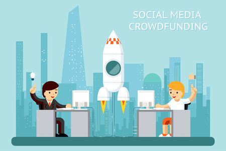 Social media cowdfunding. Network communication, startup rocket management. Vector illustrationのイラスト素材