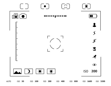 Camera viewfinder display. Exposure and composition focus, electronic zoom, photography optical, finder and screen, vector illustrationのイラスト素材
