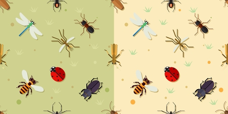Sealmess insects pattern. Ladybird and beetle, bee and dragonfly, mosquito and spider, vector illustrationのイラスト素材