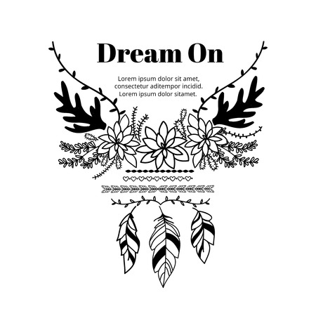 Boho label template. Floral logo with feathers and arrows. Hipster and horn, ornament vintage foliage logotype. Vector illustrationのイラスト素材