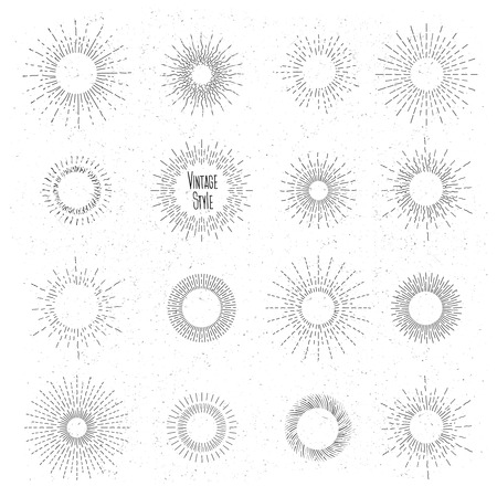 Retro hand drawn sunburst set. Sun ray frames in vintage hipster style. Badge and burst, ray graphic, vintage design, collection element radial. Vector illustrationのイラスト素材