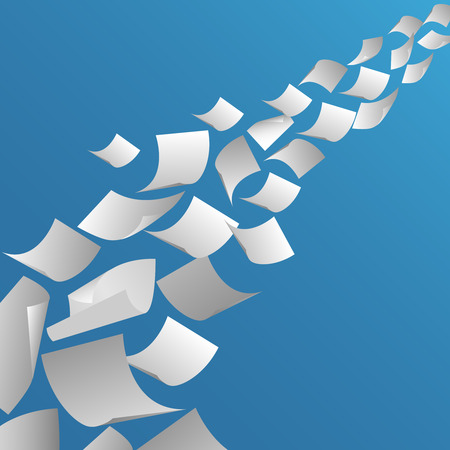 White paper sheets flying in the air. Fly page blank, paperwork and document, vector illustration