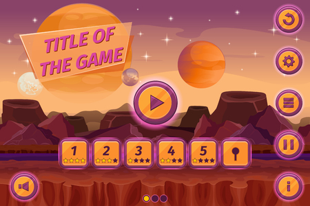 Sci-fi game cartoon user interface with control elements, buttons, status bar and icons on seamless alien planet landscape. Mountain place, play level, visualization fantasy. Vector illustrationのイラスト素材