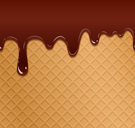 Flowing chocolate on wafer texture. Tasty sweet pattern, snack delicious background, vector illustrationのイラスト素材