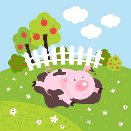 Cute smilling vector pig on a farm field. Animal mammal, cartoon happy pink piglet illustrationのイラスト素材