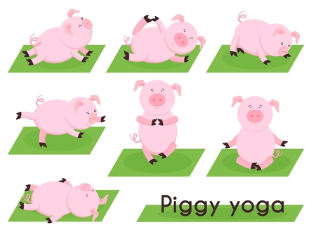 Pig yoga. Cute pig in different yoga poses. Animal sport, meditation piglet, piggy farming, position and exercise, relax and balance, vector illustrationのイラスト素材