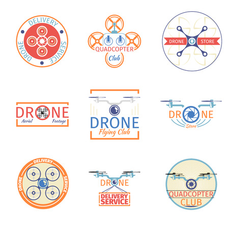 Quadrocopter badges. Aviation drone, helicopter and control transport,  emblem aircraft, vector illustrationのイラスト素材