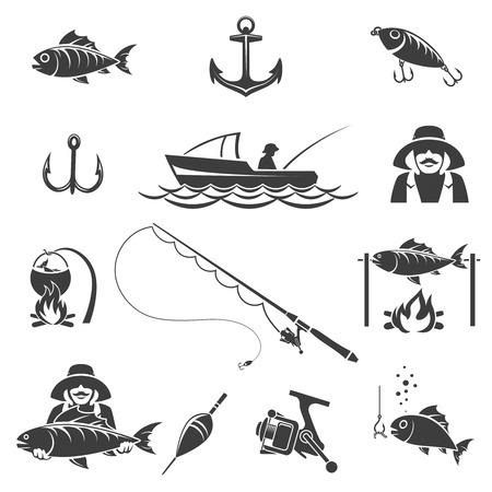 Fishing black icons vector set. Sport and fish hook, fisherman recreation illustrationのイラスト素材