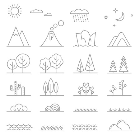 Landscape elements. Trees and mountains, bushes and water. Linear rain and volcano, water and grass, vector illustrationのイラスト素材