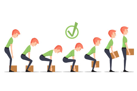 Safe lifting of heavy items. Lift correct, box weight, man carry, manually delivery, vector illustrationのイラスト素材