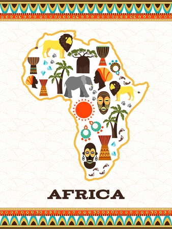 Africa map with african icons. Country and animal, djembe and national folklore, diamond and travel, vector illustration Africa map with african icons. Country and animal, djembe and national folklore, diamond and travel, vector illustration