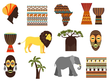 Africa safari vector emblems and flat icons. Aborigine and mask, animal and djembe, tribe and continent, vector illustrationのイラスト素材