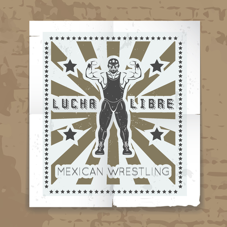 Mexican wrestling mask vector poster. Sportsman and athlete in  leotard, vintage man strong illustrationのイラスト素材
